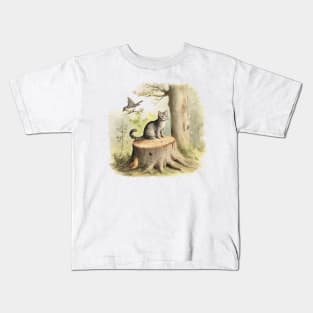 Gray cat on a tree stump Kids T-Shirt